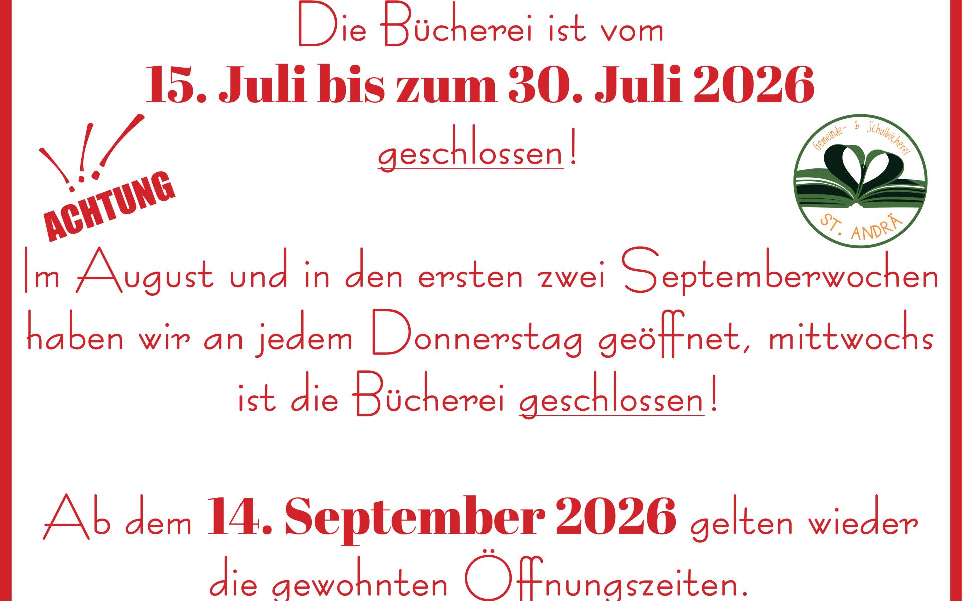neue Öffnungszeiten Sommerferien 2026-2